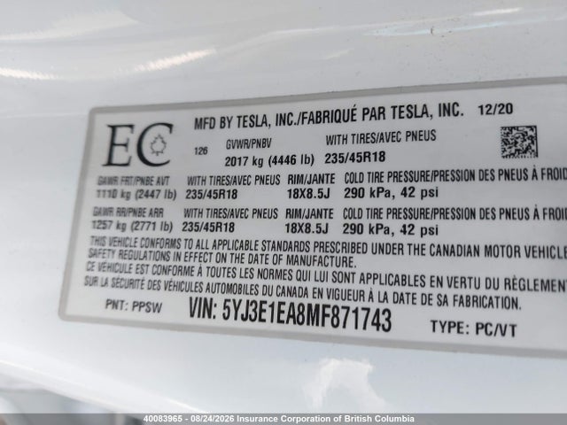 Tesla MODEL 3 2021 5YJ3E1EA8MF871743 Image 9