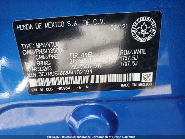 Auction sale of the 2021 Honda Hr-v, vin: 3CZRU6H92MM102494, lot number: 40083982