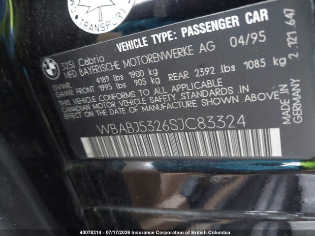 Продаж на аукціоні авто 1995 Bmw 325 Ic, vin: WBABJ5326SJC83324, номер лоту: 40078314