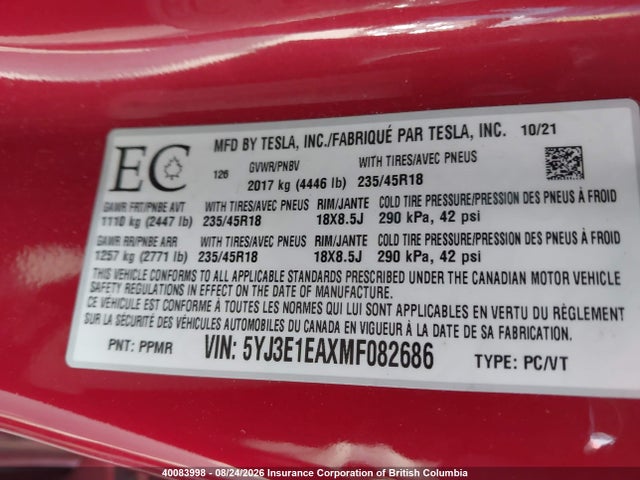 Tesla MODEL 3 2021 5YJ3E1EAXMF082686 Image 9