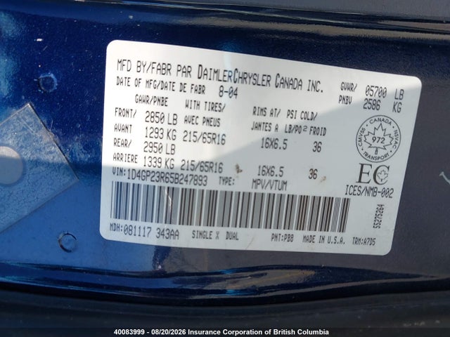 Aukcja sprzedaży 2005 Dodge Grand Caravan, vin: 1D4GP23R65B247893, numer aukcji: 40083999