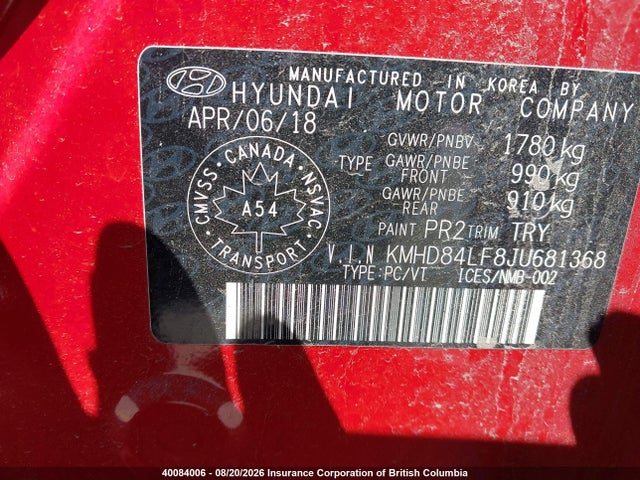 KMHD84LF8JU681368 Hyundai Elantra Sel/value/limited