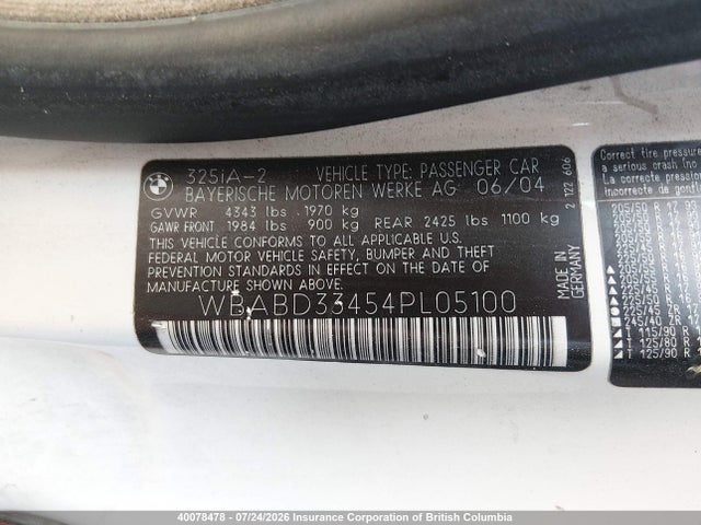 40078478 :رقم المزاد ، WBABD33454PL05100 vin ، 2004 Bmw 325 Ci مزاد بيع