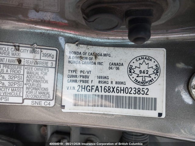 Продаж на аукціоні авто 2006 Honda Civic, vin: 2HGFA168X6H023852, номер лоту: 40084019