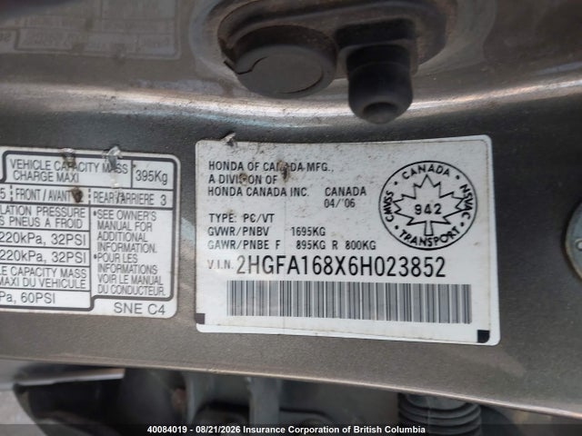 Продаж на аукціоні авто 2006 Honda Civic, vin: 2HGFA168X6H023852, номер лоту: 40084019