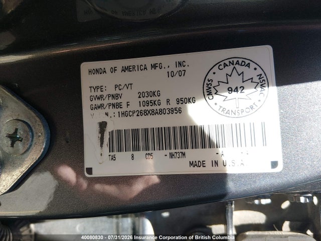 Продаж на аукціоні авто 2008 Honda Accord Exl, vin: 1HGCP268X8A803956, номер лоту: 40080830