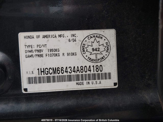 Aukcja sprzedaży 2004 Honda Accord Ex, vin: 1HGCM66434A804180, numer aukcji: 40078019