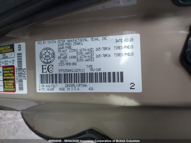 40084045 :رقم المزاد ، 5TFSZ5ANXLX229111 vin ، 2020 Toyota Tacoma Access Cab/sr/sr5/trd Sport/trd Off Road مزاد بيع