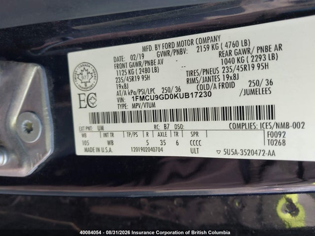 1FMCU9GD0KUB17230 Ford ESCAPE SE