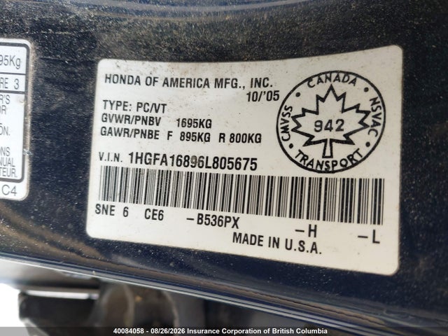 Продажа на аукционе авто 2006 Honda Civic, vin: 1HGFA16896L805675, номер лота: 40084058