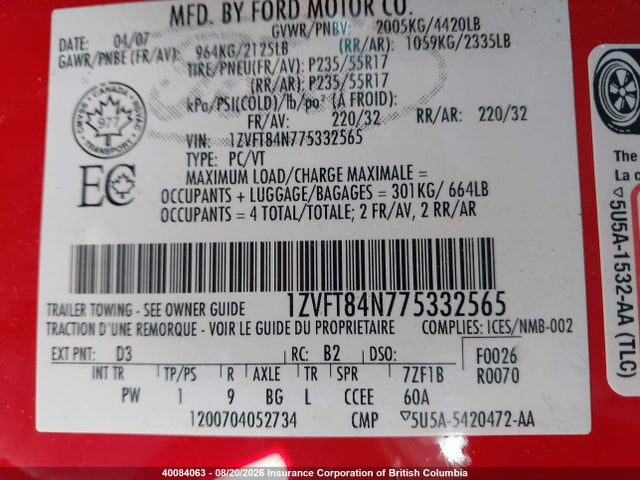 Продажа на аукционе авто 2007 Ford Mustang, vin: 1ZVFT84N775332565, номер лота: 40084063