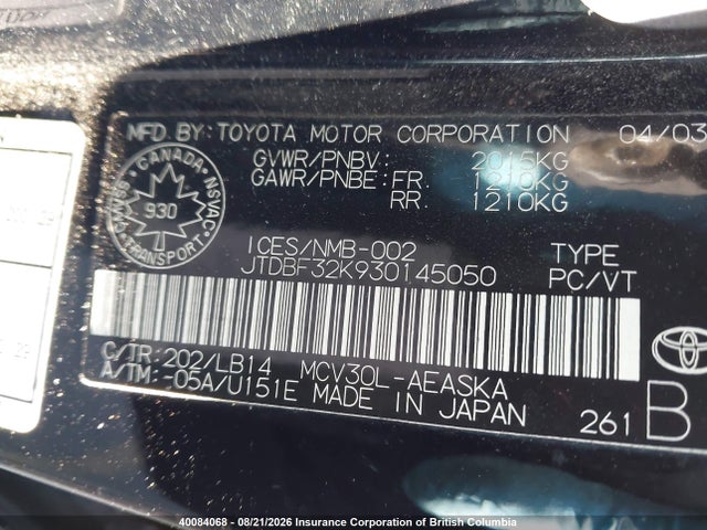 Aukcja sprzedaży 2003 Toyota Camry, vin: JTDBF32K930145050, numer aukcji: 40084068