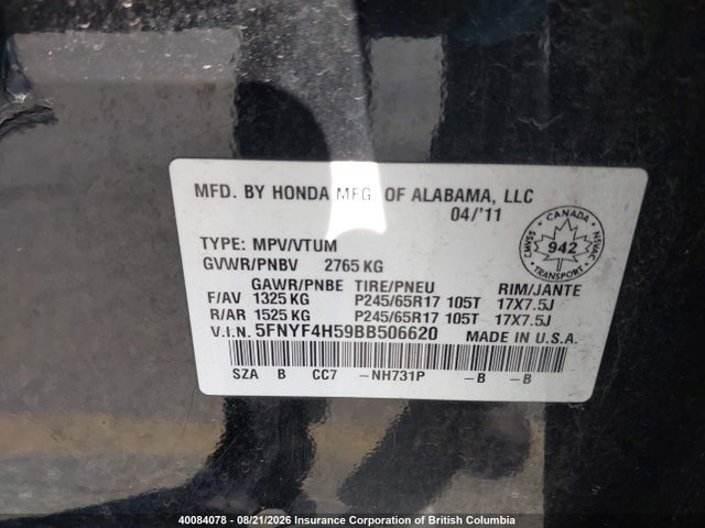 Aukcja sprzedaży 2011 Honda Pilot, vin: 5FNYF4H59BB506620, numer aukcji: 40084078