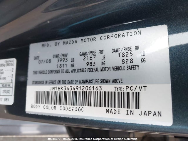 40084079 :رقم المزاد ، JM1BK343491206163 vin ، 2009 Mazda Mazda3 Gs/gt مزاد بيع