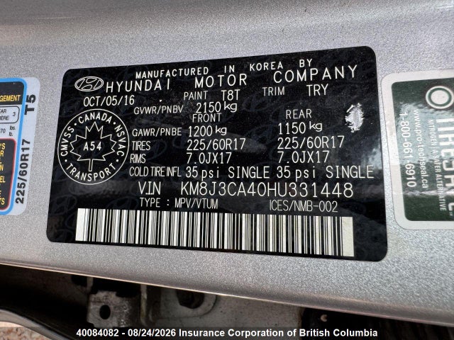 KM8J3CA40HU331448 Hyundai Tucson Limited/sport And Eco/se