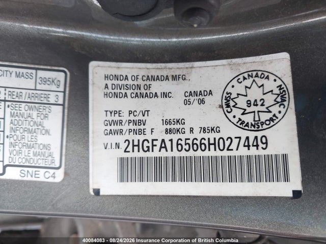 Продаж на аукціоні авто 2006 Honda Civic, vin: 2HGFA16566H027449, номер лоту: 40084083