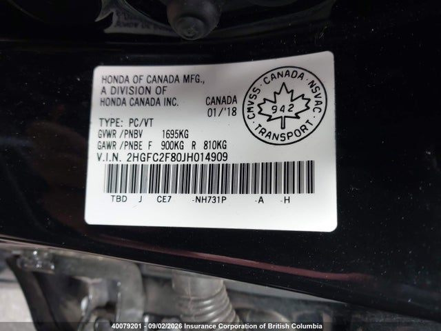2HGFC2F80JH014909 Honda CIVIC EX