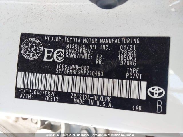 5YFBPMBE9MP210483 Toyota COROLLA LE