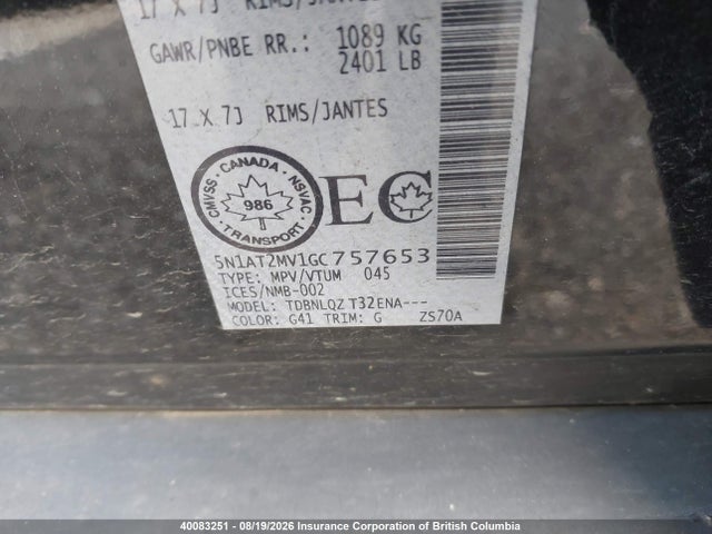 5N1AT2MV1GC757653 Nissan Rogue S/sl/sv
