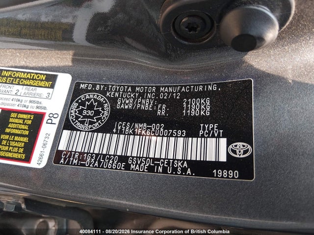 Aukcja sprzedaży 2012 Toyota Camry, vin: 4T1BK1FK6CU007593, numer aukcji: 40084111