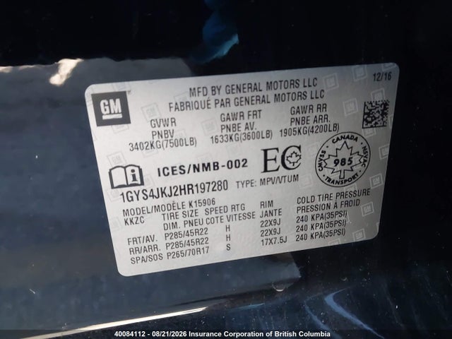 1GYS4JKJ2HR197280 Cadillac Escalade Esv Premium Luxury
