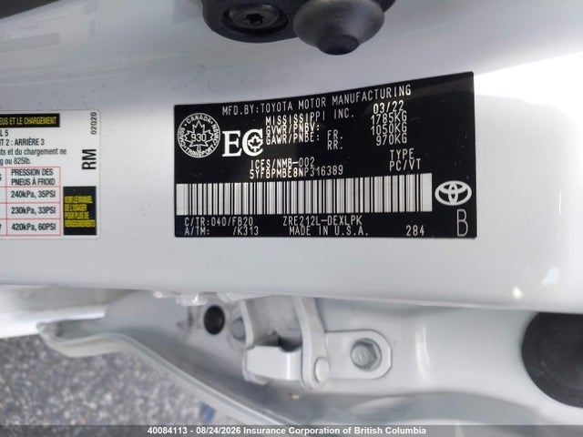 Aukcja sprzedaży 2022 Toyota Corolla Le/xle, vin: 5YFBPMBE8NP316389, numer aukcji: 40084113