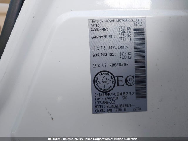 Nissan Pathfinder S/sv/sl/platinum 2015 5N1AR2MM7FC648232 Image 9