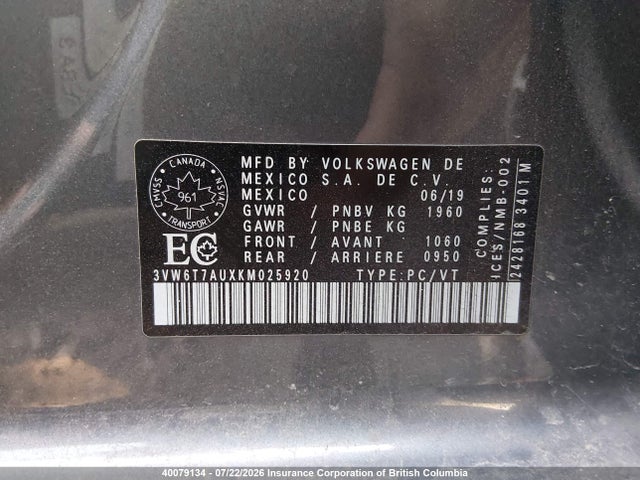 40079134 :رقم المزاد ، 3VW6T7AUXKM025920 vin ، 2019 Volkswagen Gti S/se/autobahn/rabbit Edition مزاد بيع