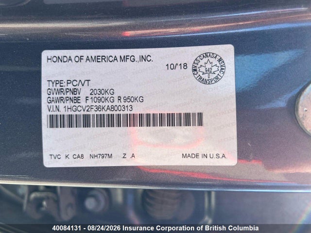 1HGCV2F36KA800313 Honda Accord Sport