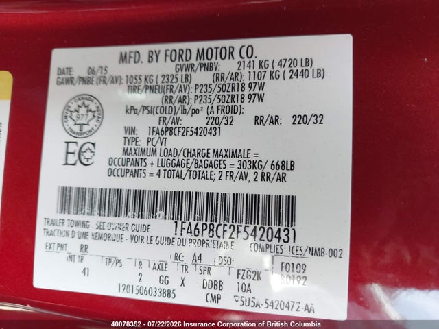 Ford MUSTANG GT 2015 1FA6P8CF2F5420431 Image 9