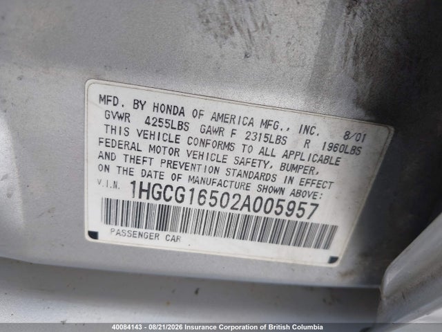 40084143 :رقم المزاد ، 1HGCG16502A005957 vin ، 2002 Honda Accord Ex مزاد بيع