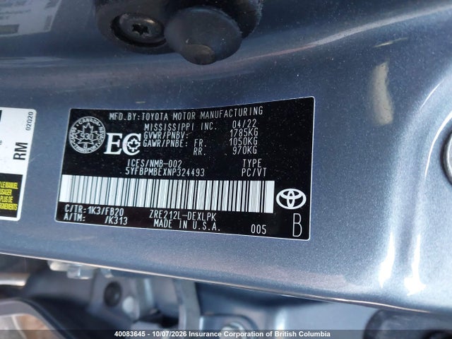 2022 Toyota Corolla Le/xle მანქანა იყიდება აუქციონზე, vin: 5YFBPMBEXNP324493, აუქციონის ნომერი: 40083645