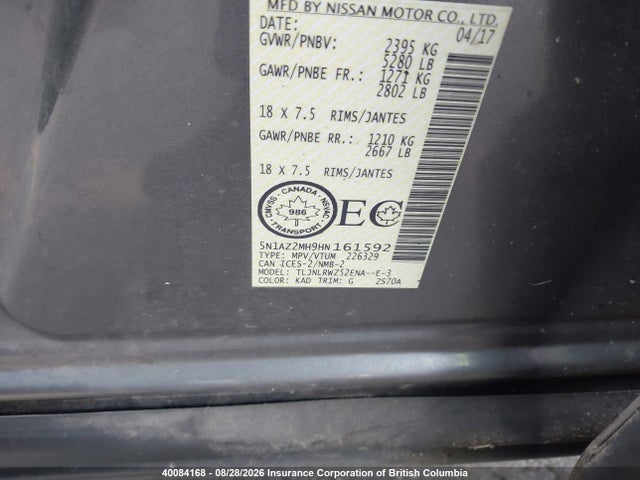 5N1AZ2MH9HN161592 Nissan Murano S/sl/sv/platinum