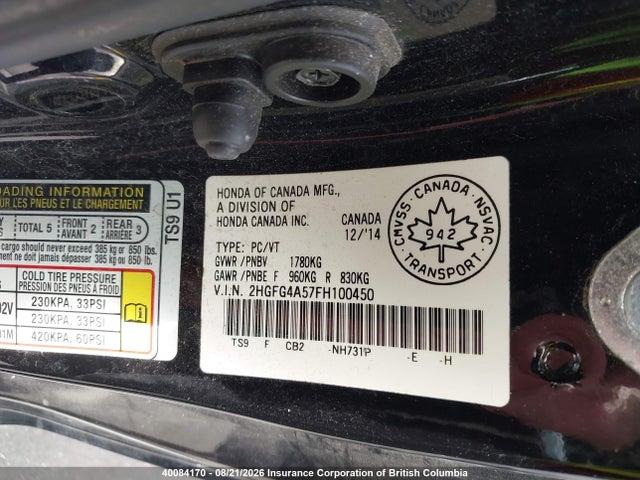 40084170 :رقم المزاد ، 2HGFG4A57FH100450 vin ، 2015 Honda Civic مزاد بيع