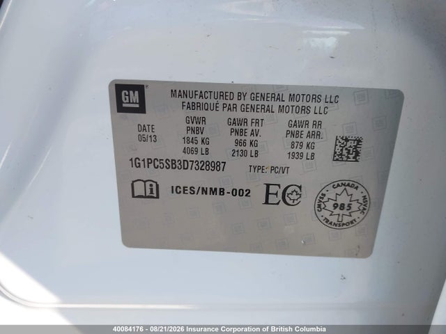 2013 Chevrolet Cruze მანქანა იყიდება აუქციონზე, vin: 1G1PC5SB3D7328987, აუქციონის ნომერი: 40084176