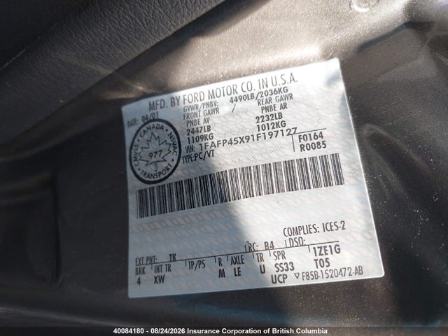 40084180 :رقم المزاد ، 1FAFP45X91F197127 vin ، 2001 Ford Mustang Gt مزاد بيع