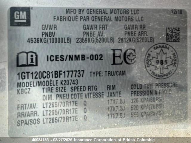Aukcja sprzedaży 2011 Gmc Sierra K2500 Sle, vin: 1GT120C81BF177737, numer aukcji: 40084185