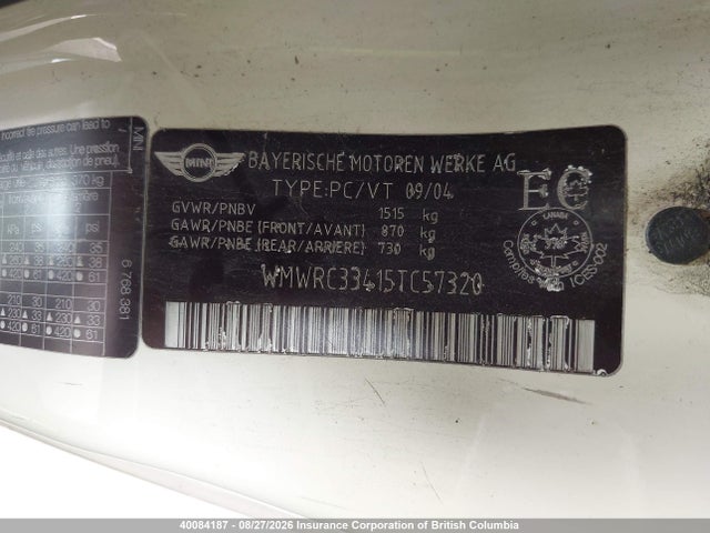 Продажа на аукционе авто 2005 Mini Cooper, vin: WMWRC33415TC57320, номер лота: 40084187