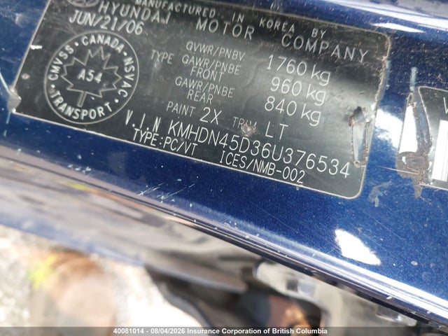 40081014 :رقم المزاد ، KMHDN45D36U376534 vin ، 2006 Hyundai Elantra Gls/gt/limited مزاد بيع