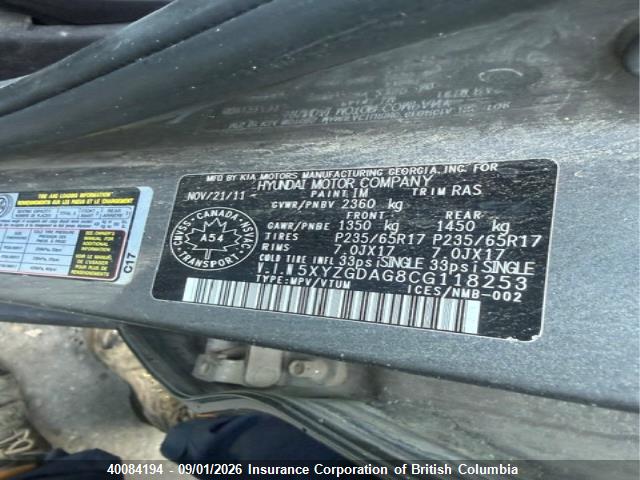 Aukcja sprzedaży 2012 Hyundai Santa Fe Gls, vin: 5XYZGDAG8CG118253, numer aukcji: 40084194