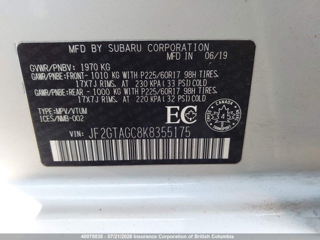 Subaru Crosstrek Premium 2019 JF2GTAGC8K8355175 Image 19