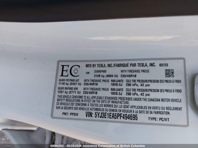 5YJ3E1EA5PF494695 Tesla Model 3 Rwd