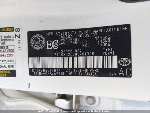40083120 :رقم المزاد ، 2T1KR32E08C704306 vin ، 2008 Toyota Corolla Matrix Xr مزاد بيع