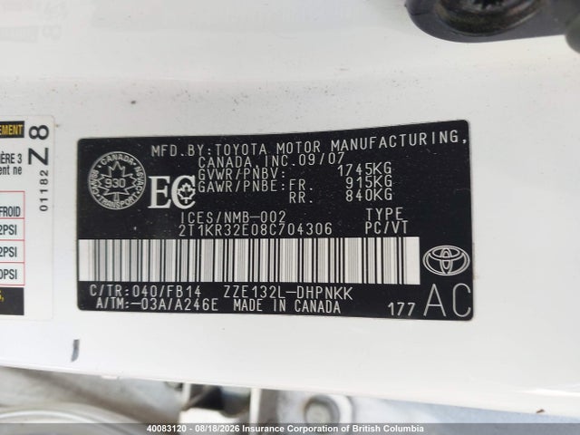 40083120 :رقم المزاد ، 2T1KR32E08C704306 vin ، 2008 Toyota Corolla Matrix Xr مزاد بيع