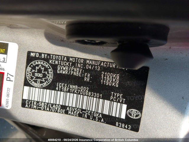 40084210 :رقم المزاد ، 4T1BF1FK7DU683301 vin ، 2013 Toyota Camry مزاد بيع