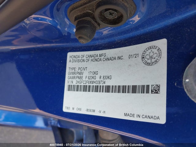 2HGFC2F8XMH008734 Honda Civic Sport
