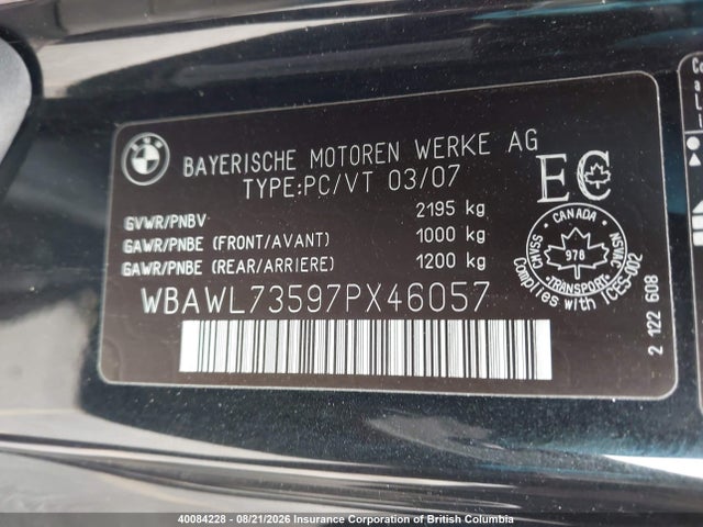 Продажа на аукционе авто 2007 Bmw 3-series, vin: WBAWL73597PX46057, номер лота: 40084228