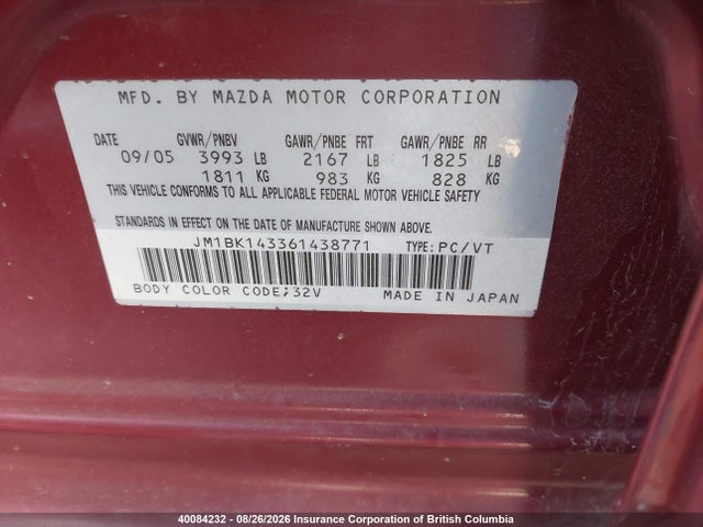 Продажа на аукционе авто 2006 Mazda 3 Hatchback, vin: JM1BK143361438771, номер лота: 40084232