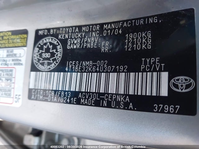 40083202 :رقم المزاد ، 4T1BE32K64U307192 vin ، 2004 Toyota Camry Le/xle/se مزاد بيع