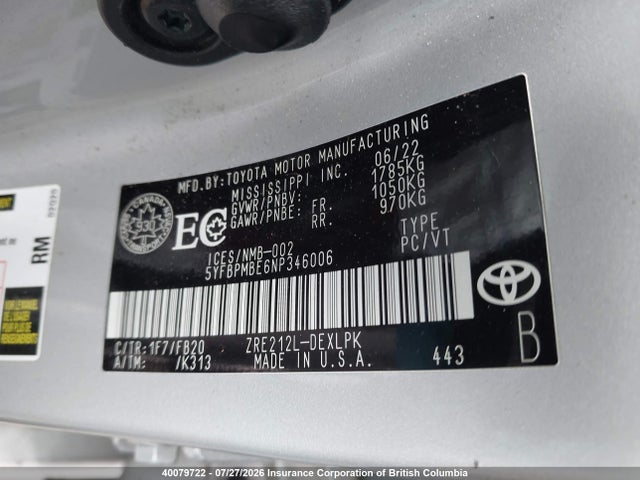 5YFBPMBE6NP346006 Toyota Corolla Le/xle